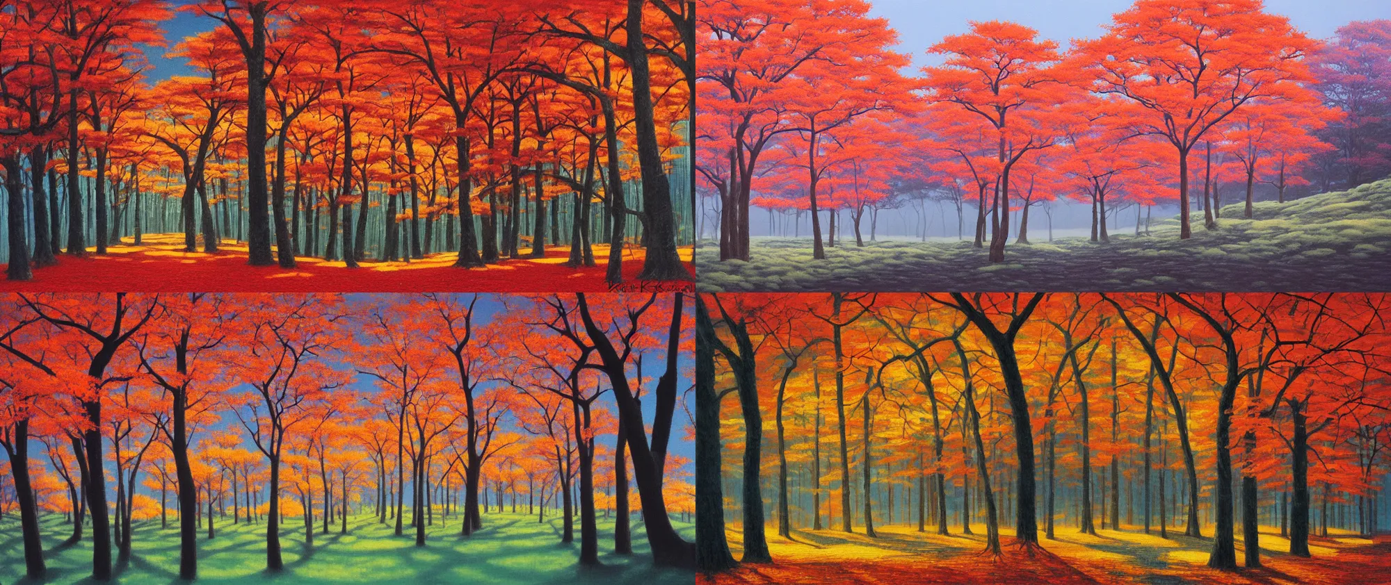 Prompt: a forest in spring, summer, autumn and winter respectively, oil painting, by kaii higashiyama
