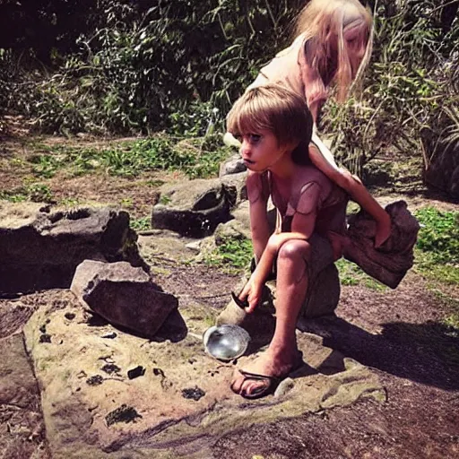 Prompt: “ kids in stone age looking for food, realistic ”