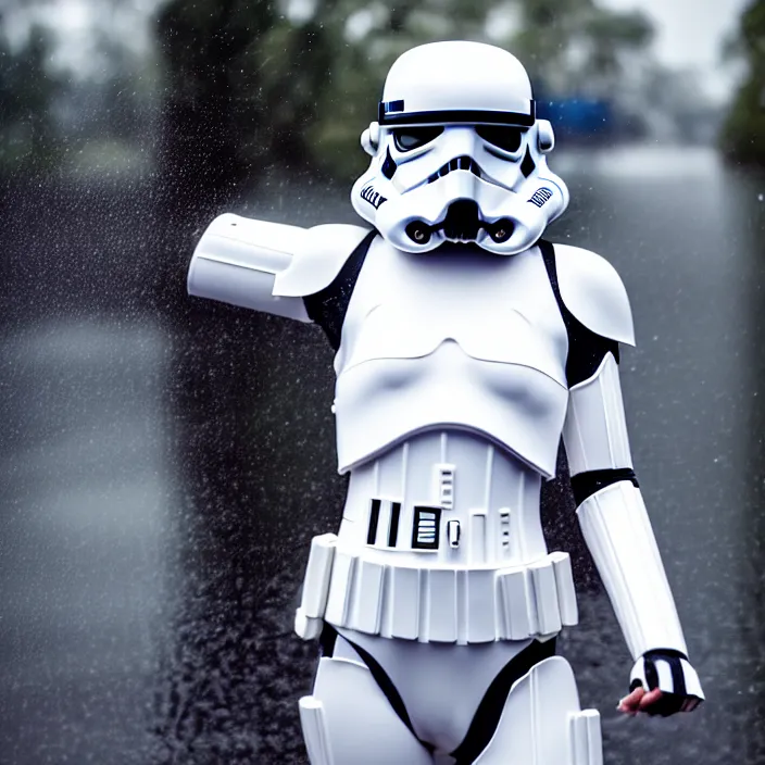 Prompt: fully body pose, photo of a very beautiful!! victoria secret model, stormtrooper helmet, wet hair, raining, 8 k, hdr, smooth, sharp focus, high resolution, award - winning photo, trending on artstation, dslr, 5 0 mm