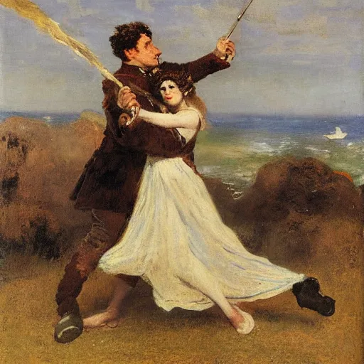 Image similar to man and woman fighting a monster by alfred stevens