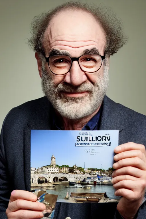 Image similar to saul berenson from homeland, ultra hd photo, 3 5 mm close up, fish eye, realistic, smiling, holding a postcard from france