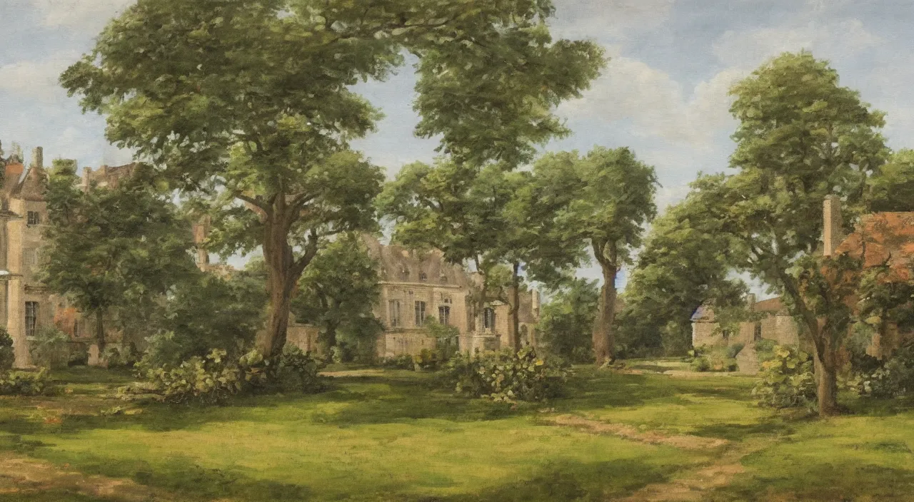 Prompt: a landscape painting of a French manor, with a square and garden, in the style of anime