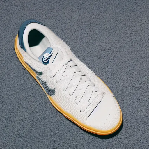 Image similar to a studio photoshoot of Nike low top tennis sneakers designed by Tom Sachs, cream leather with knitted mesh material, gum rubber outsole, realistic, color film photography by Tlyer Mitchell, 35 mm, graflex