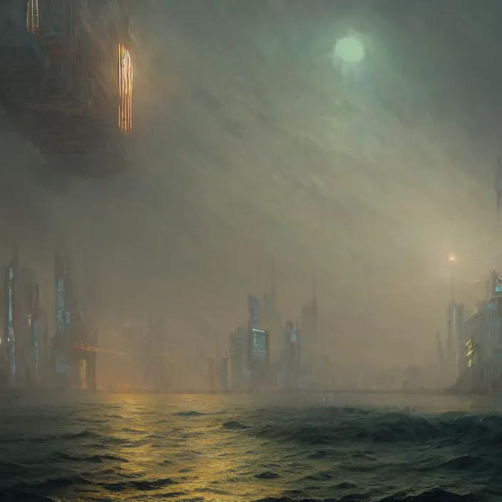 Prompt: a beautiful painting of a cyberpunk city on the sea by ivan aivazovsky and greg rutkowski and james gurney and frank lloyd and sung choi, in style of digital art illustration. hyper detailed, sharp focus, soft light. unreal engine 5 lumen. ray tracing. trending on artstation.