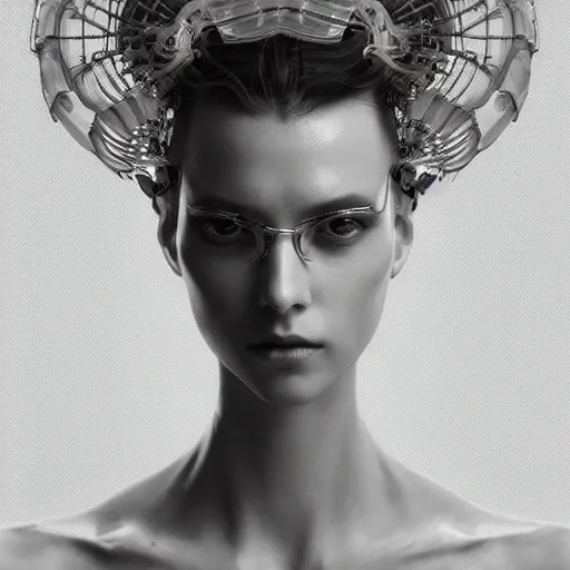 Image similar to closeup portrait of an absurdly beautiful, graceful, sophisticated, fashionable cyberpunk mechanoid gravure idol, an ultrafine hyperdetailed illustration by irakli nadar, matt wisniewski style, fashion photography, intricate linework, porcelain skin, jellyfish headdress, unreal engine 5 highly rendered, global illumination, radiant light, detailed and intricate environment