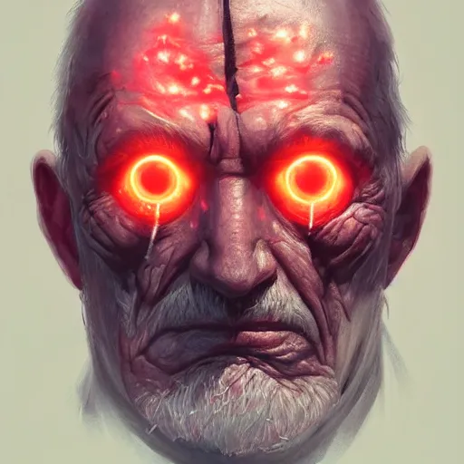 Image similar to close-up, symmetrical, portrait of an old man, glowing red eyes, bruised, scarred, marvel art, art by greg rutkowski, matte painting, trending on artstation