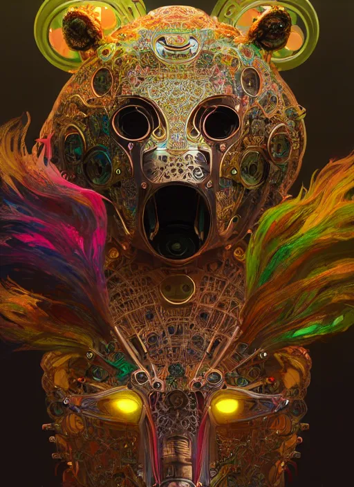 Prompt: organic cyborg, asian brightly coloured bear mask opening, diffuse lighting, fantasy, intricate, elegant, highly detailed, lifelike, photorealistic, digital painting, artstation, illustration, concept art, smooth, sharp focus, art by John Collier and Albert Aublet and Krenz Cushart and Artem Demura and Alphonse Mucha