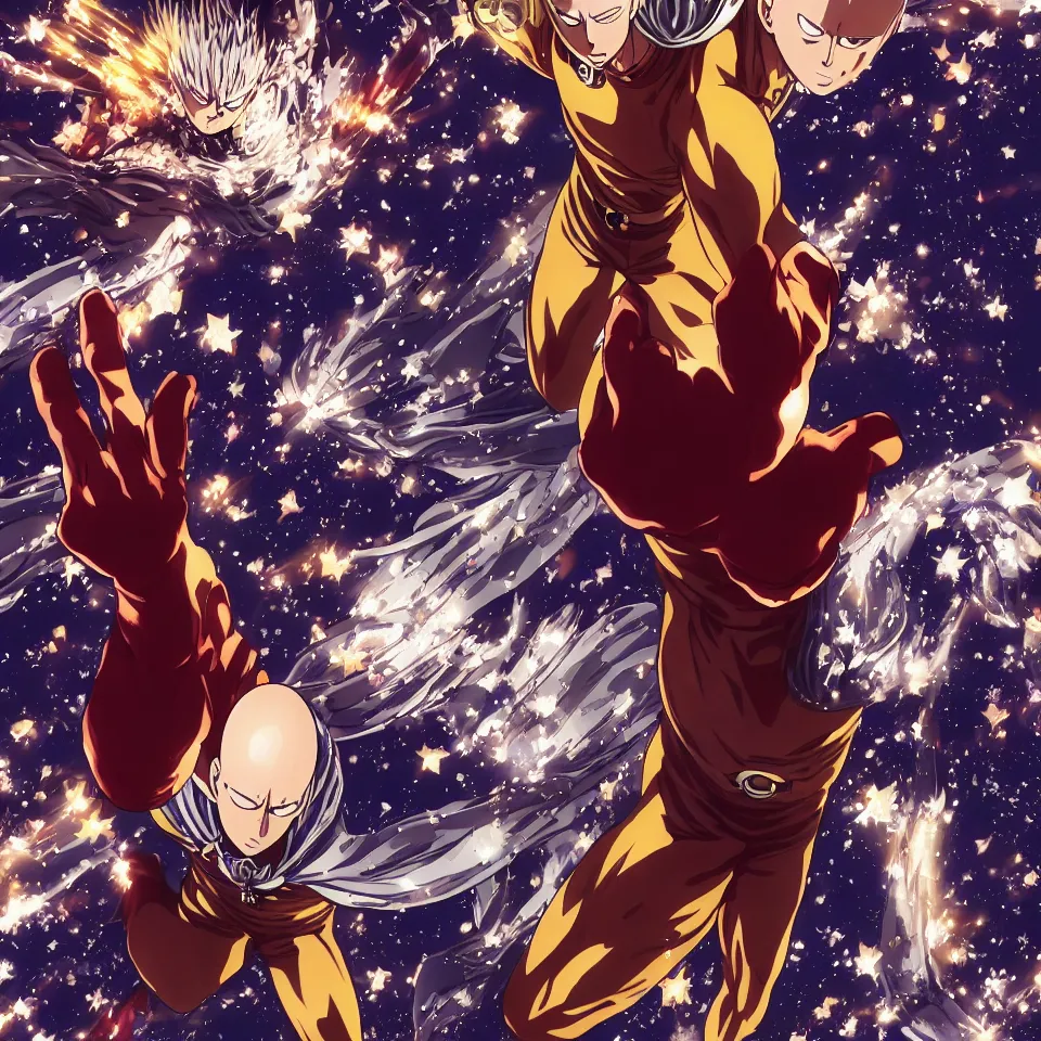 Image similar to one punch man Garou made of stars, art by Yusuke Murata,centre composition, cinematic, trending on artstation, low level, 4K UHD image,