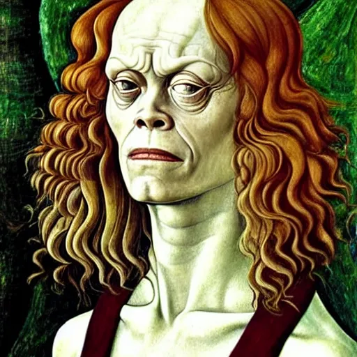 Prompt: sigourney weaver as gollum, elegant portrait by sandro botticelli, detailed, symmetrical, intricate