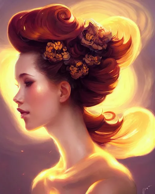 Image similar to Beautiful woman with honeycomb up-do hairstyle, swirling honey flowers, radiant light, illustrated portrait by peter mohrbacher and artgerm