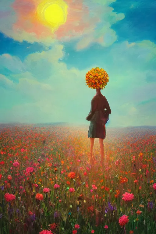 Image similar to closeup, giant flower head, girl standing in a field of flowers, surreal photography, sunrise, blue sky, dramatic light, impressionist painting, digital painting, artstation, simon stalenhag