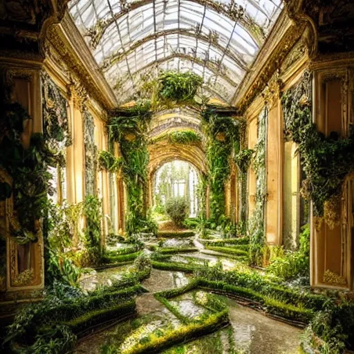Prompt: a dream about inside opulent, ornate, abandoned overgrown Palace of Versailles, lush plants growing through the floors and walls, walls are covered with vines, beautiful, dusty, golden volumetric light shines through giant broken windows, golden rays fill the space with warmth, rich with epic details and dreamy atmosphere