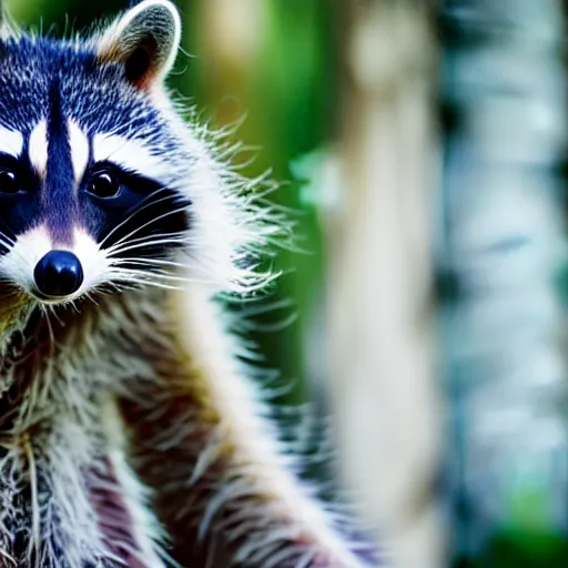 Image similar to a portrait photo of a beautiful racoon wearing a dress, hanging party decorations