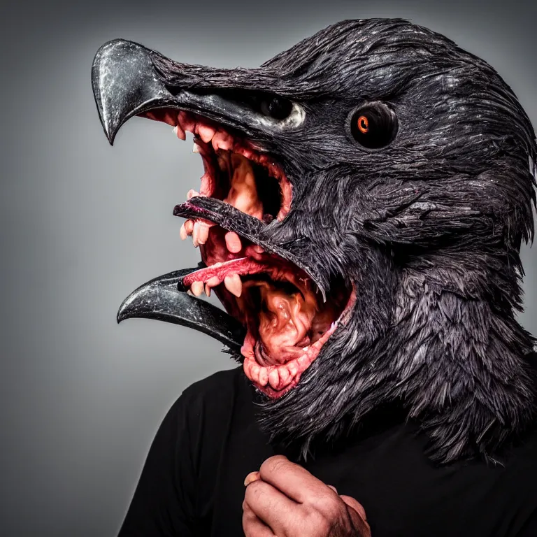 Prompt: a close - up portrait shot of a man who's laughing hysterically while his brain is being eaten by a crow, cold lighting, photography, light and dark