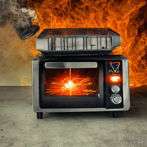 Image similar to cyborg toaster oven augmentation, dark messy smoke - filled cluttered workshop, dark, dramatic lighting, orange tint, sparks, cinematic, highly detailed, sci - fi, futuristic, movie still