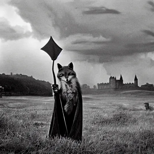 Image similar to anthropomorphic fox!! who is a medieval knight holding a sword towards a stormy thundercloud [ 1 9 3 0 s film still ], castle,, in the background