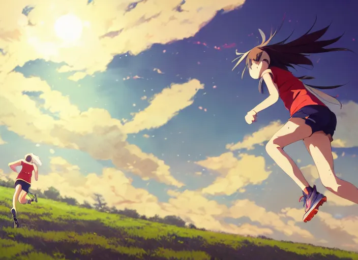 Image similar to high school runner girl, sunny sky background stadium landscape illustration concept art anime key visual trending pixiv fanbox by wlop and greg rutkowski and makoto shinkai and studio ghibli and kyoto animation symmetry red sports clothing marathon yellow running shoes number tag