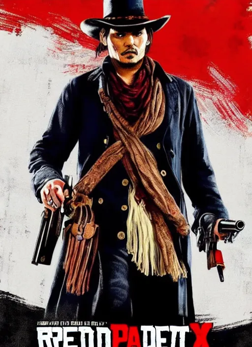 Prompt: johnny depp on red dead redemption 2 game poster,