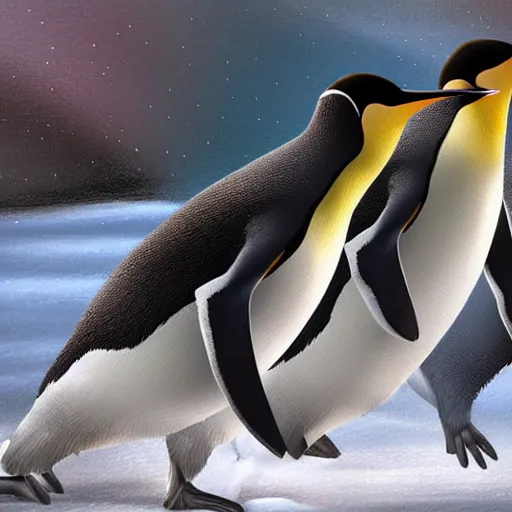 Image similar to penguins running away from lightening strikes while running on ice,, highly detailed, high quality, 8 k, soft lighting, art by mary jackson