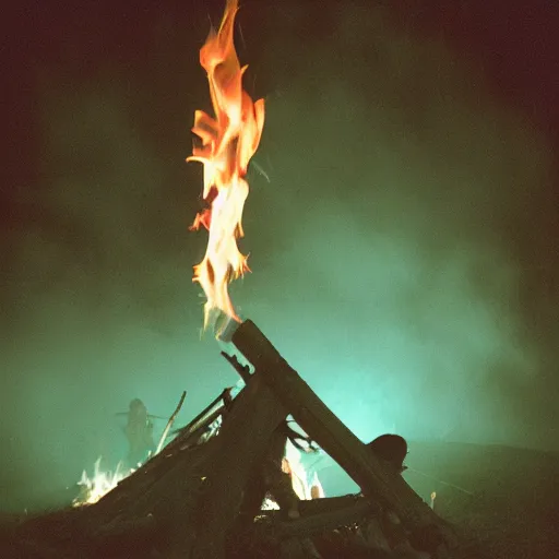 Image similar to cinestill of a xenomorph backlit by a bonfire at night