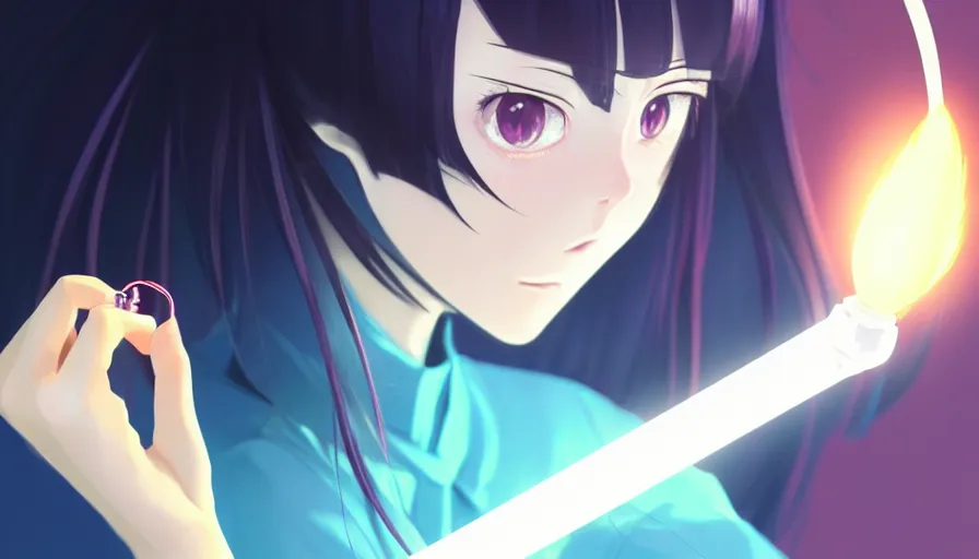 Prompt: coco rocha as a beautiful anime girl holding a light source inside her hand, expert high detail concept art, character design, defined face, vivid colors, photorealistic shaded lighting poster ilya kuvshinov, katsuhiro, makoto shinkai, wlop, loish and clamp style, trending on artstation, best selling artist