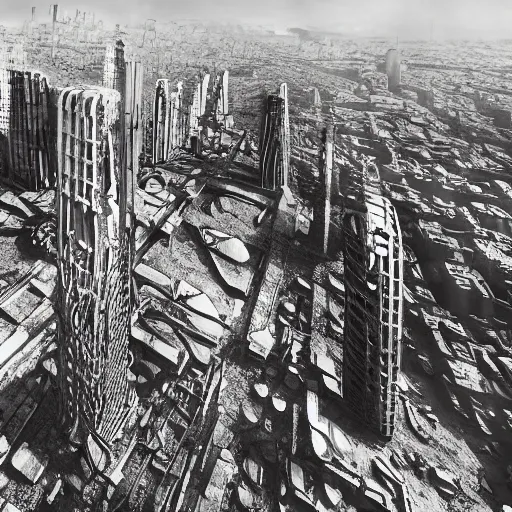 Image similar to futuristic city building out of ruins, ruined city next to new city, san francisco, drones, 2 0 3 9, daguerrotype