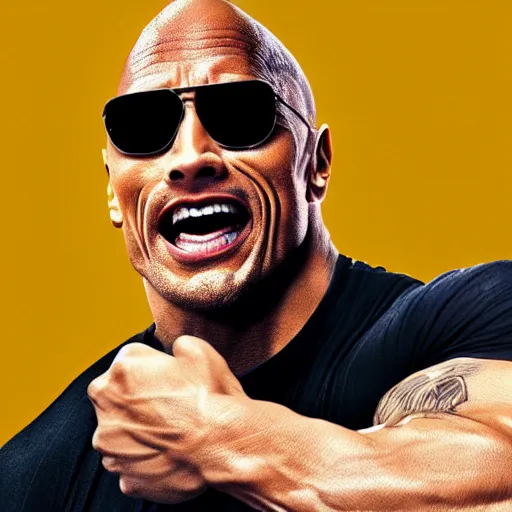 prompthunt: Dwayne Johnson doing his eyebrow face towards the camera