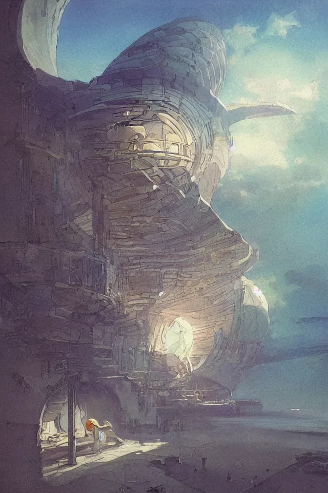 Image similar to sci fi painting of a giant seashell house, a young girl stares from the balcony, by john harris and moebius, atmospheric, concept art