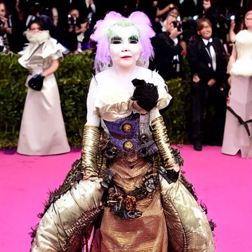 Prompt: bjork in a gown inspired by steampunk flowerpunk afterlife