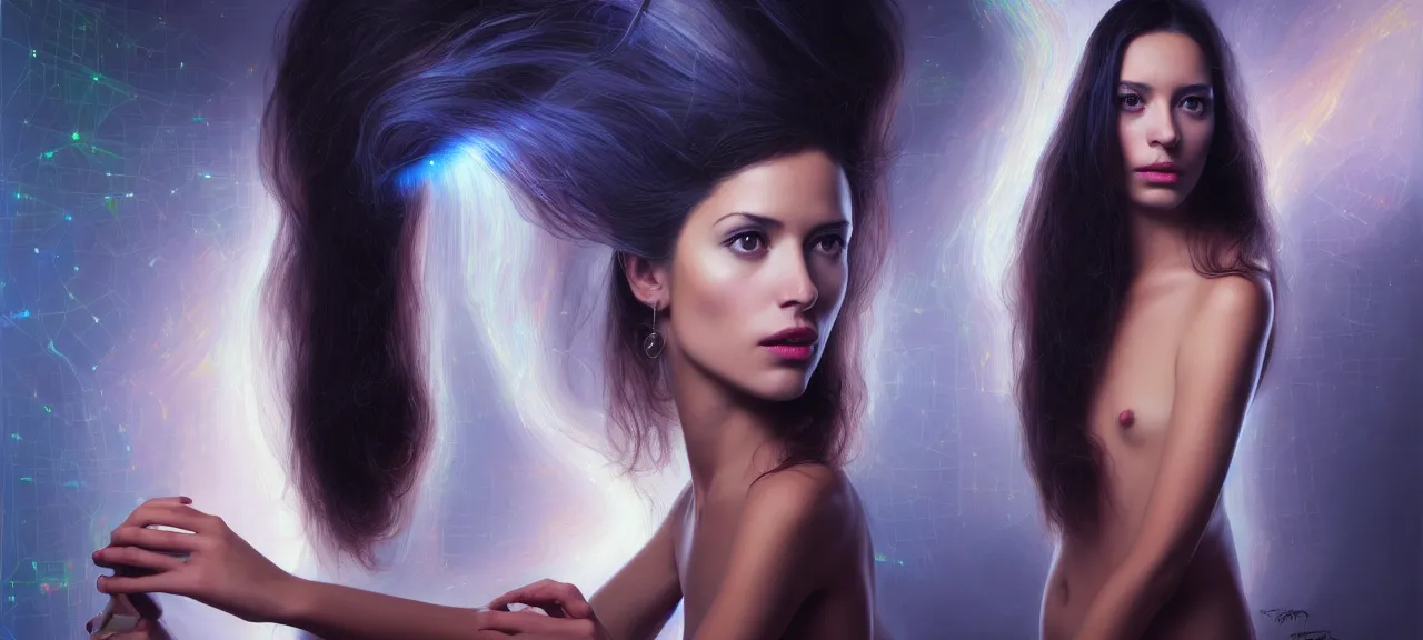 Image similar to beauty young spanish woman with long black portrait in holograms of The Zero Theorem artifacts, electrical case display, The Zero Theorem tech, ultrarealistic, dramatic lighting, electrical details, high details, 4k, 8k, best, accurate, trending on artstation, artstation, photorealism, ultrarealistic, digital painting, style of Peter Mohrbacher, Caravaggio, Boris Vallejo