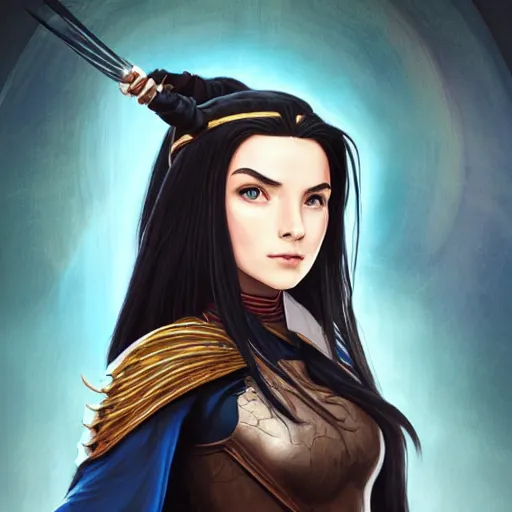 Image similar to Portrait of teenage sorceress Azula wearing skintight black leather armor, Avatar the Last Airbender, Dungeons and Dragons, Lord of the Rings, intricate, elegant, highly detailed, digital painting, artstation, concept art, smooth, sharp focus, illustration, art by artgerm and greg rutkowski and alphonse mucha and andrei riabovitchev