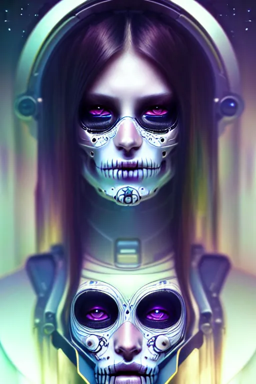 Prompt: ultra detailed portrait of a female android, eyes closed, sci - fi, moody, calm, ( dia de los muertos ), asymmetrical, intricate concept art, art by artgerm and giger and michael welan and alphonse mucha and loish and wlop