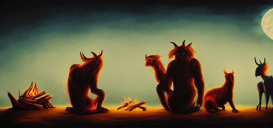 Image similar to strange mythical beasts of sitting around a fire under a full moon, surreal dark uncanny painting by ronny khalil