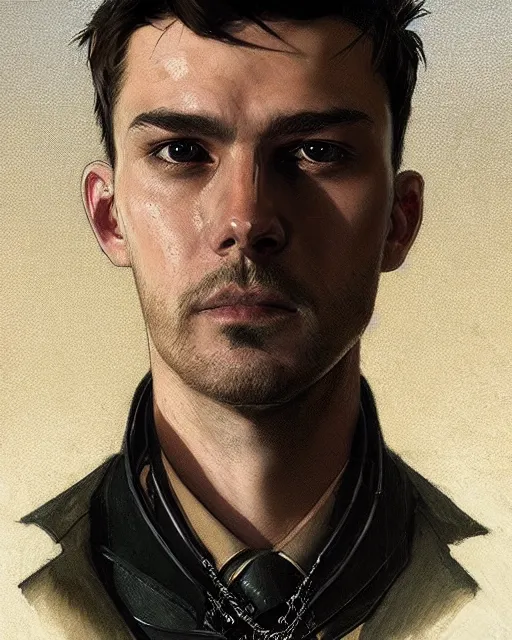 Image similar to '' Face portrait of a young handsome detective with a black leather coat, neck chains, short hair , sci-fy, cyber punk, high detail, digital painting, artstation, concept art, sharp focus, illustration, art by greg rutkowski and alphonse mucha ''