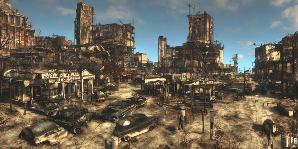 Prompt: post - apocalyptic town square, fallout style, fallout 3, fallout 4, fallout 7 6, digital art, 4 k,