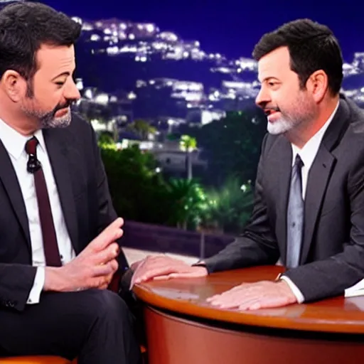 Prompt: Jimmy Kimmel interviewing Jeffery Epstein, tv show, television