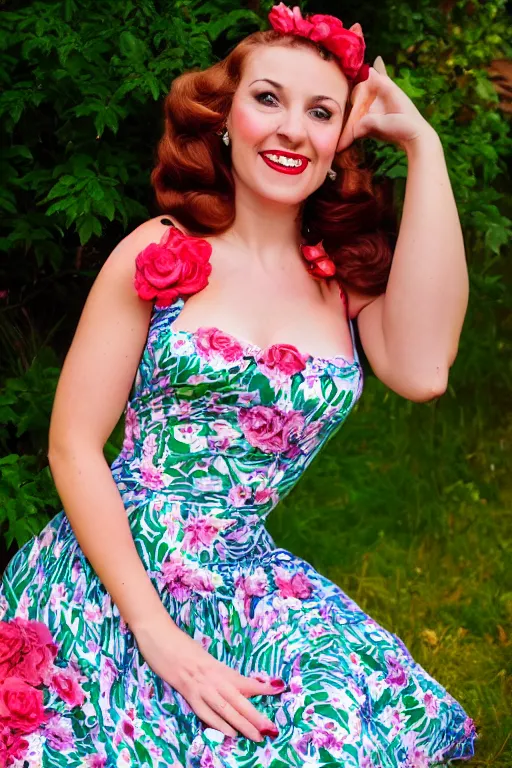 Image similar to a full view portrait of a beautifull woman, wearing a dress,with a beautifull smile,a garden background.in american style pin up.anatomically correct