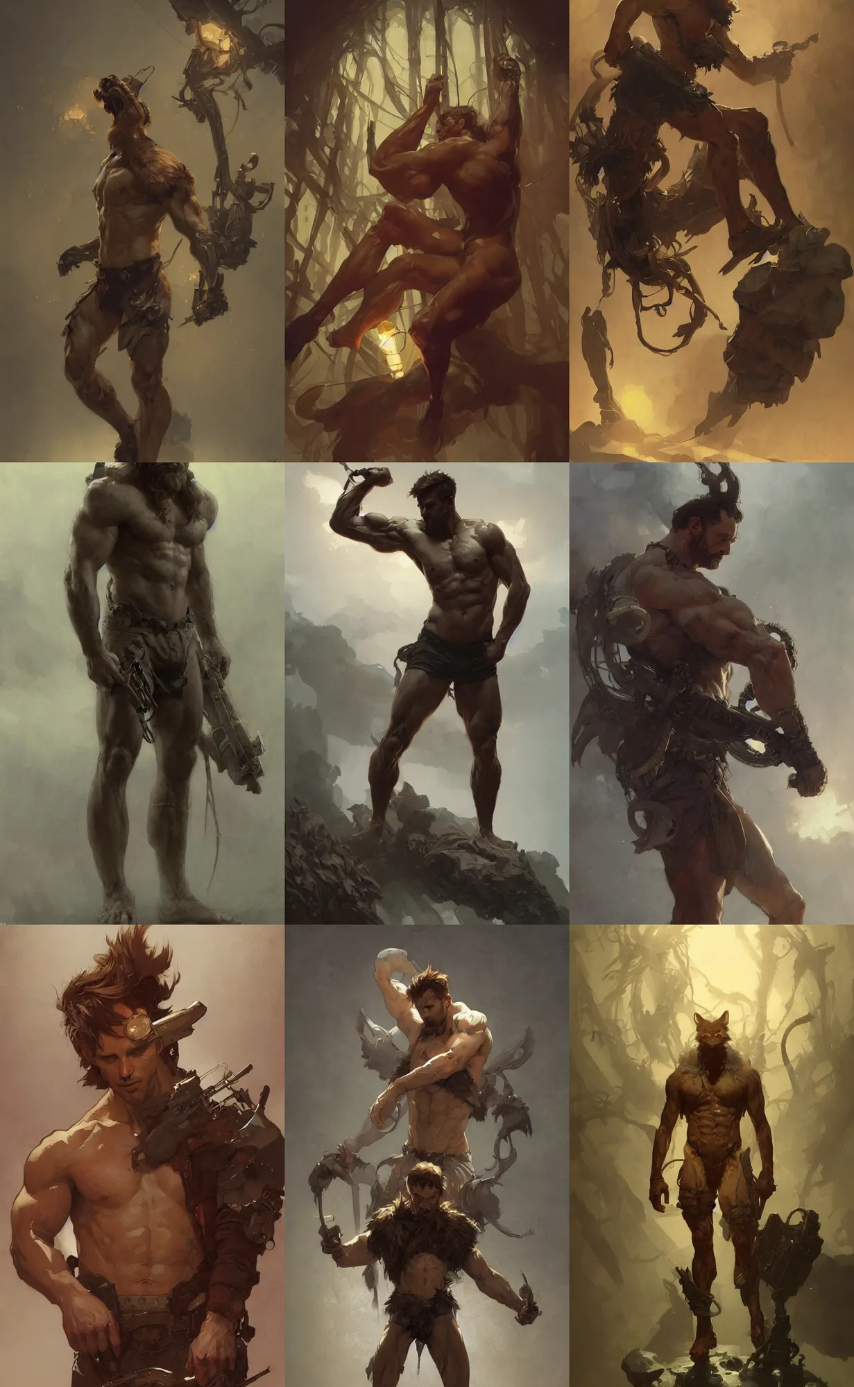 Prompt: foxman, rugged, handsome, male, atmospheric lighting, amazing, full body, thighs, armpit, muscular, intricate, highly detailed, digital painting, deviantart, concept art, sharp focus, illustration, art by greg rutkowski and alphonse mucha
