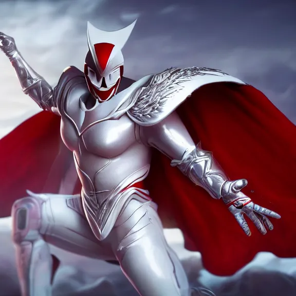 Image similar to cinematic full body shot of a male angel flying, white metallic armor, red cape, elegant pose, detailed arms, detailed white armor, two arms, two legs, detailed fanart, macro art, realistic digital art, DeviantArt, artstation, 3D realistic, 8k HD, octane render