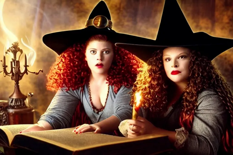 Image similar to hclose up portrait, dramatic lighting, teen witch calmly pointing a magic wand casting a spell over a large open book on a table with, curly hair, cat on the table in front of her, sage smoke, a witch hat cloak, apothecary shelves in the background, still from the movie hook