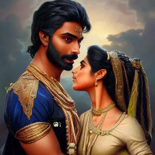 Image similar to portrait painting of dark muscular indian royal couple kissing, ultra realistic, concept art, intricate details, eerie, highly detailed, photorealistic, octane render, 8 k, unreal engine. art by artgerm and greg rutkowski and alphonse mucha