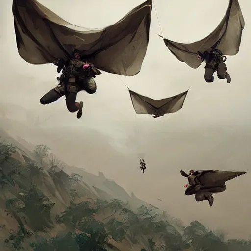 Prompt: airborne paratroopers jumping from parachutes, style of greg rutkowski