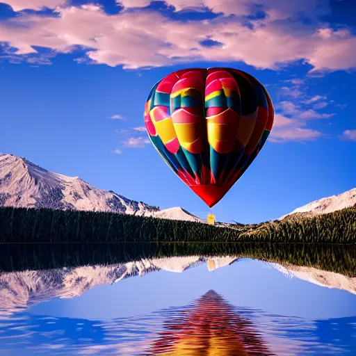 Image similar to realistic extremely detailed photo of a hot air balloon flying above a beautiful reflective mountain lake, two black swans swimming in the lake, touching heads, forming a heart with their necks, granular detail, holographic krypton ion, octane render, 4k, f32,55mm photography, wide angle