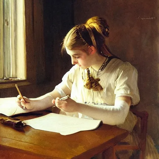 Image similar to a teenage girl with a ponytail is writing a letter with a golden feather pen, by anders zorn, oil painting