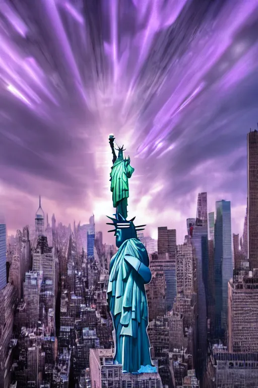 Prompt: of a futuristic photo - realistic new york city with mirrored windows in shiny crystalline : 7, the statue of liberty, highly symmetrical, balanced, purple lightening : 3, octane render, clouds : 2, violet sun : 4, in the style of sahm : 3, hd, ultra - realistic, hyper - realistic, digital art,