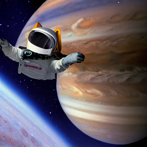 Image similar to cat with astronaut suit flying over the jupiter, photo