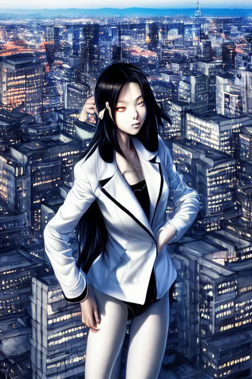 Image similar to extremely beautiful aesthetic girl with half black and half white jacket on the top of the city, full body, occlusion shadow, specular reflection, rim light, unreal engine, artgerm, artstation, art by hiroaki samura and jiro matsumoto and yusuke murata, high quality, intricate detailed 8 k, beautiful shape of face and body