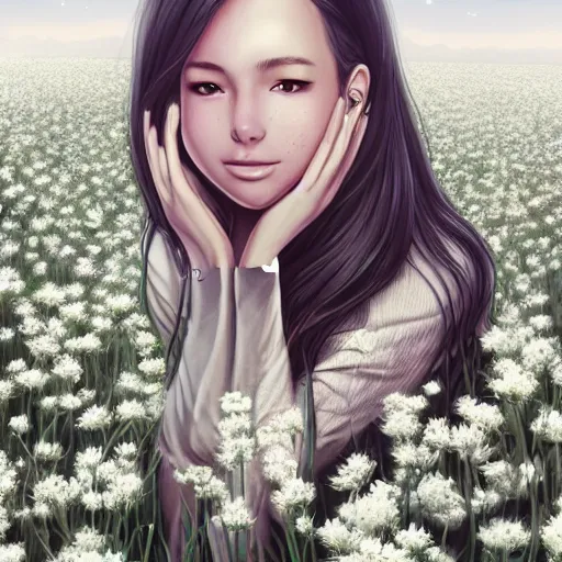 Prompt: portrait of a happy person in a field of white flowers, male, gentle lighting, shading, digital illustration, pixiv, by Artgerm