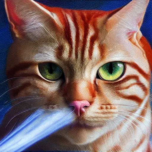 Prompt: red tabby cyborg cat with red eyes and smoke coming from his ears, realistic oil painting