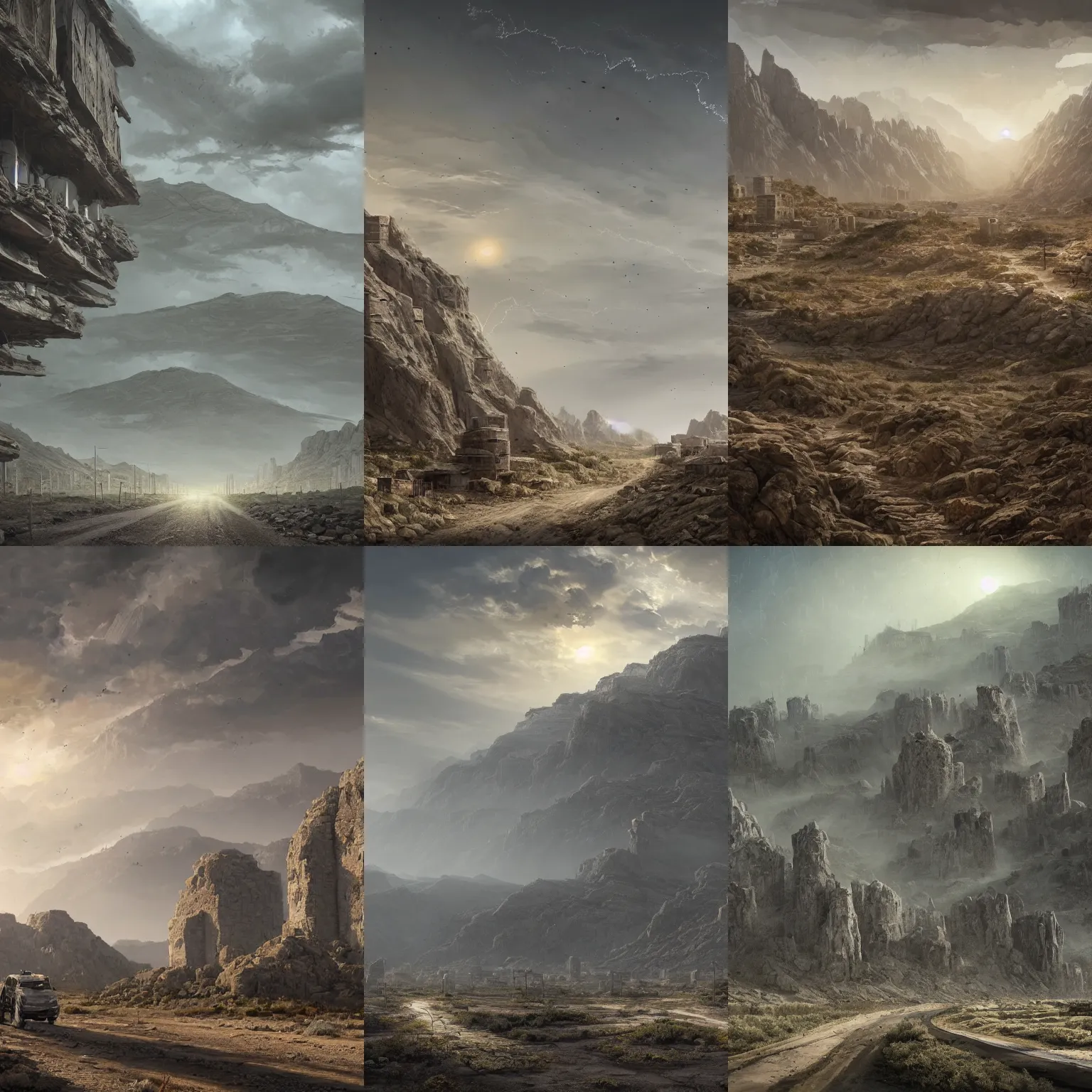 Prompt: eco living towers with dirt roads leading to them, in a very very barren rocky desert, rocky mountains in background, dust swirling, diffuse lighting, strong imagery, highly detailed, by Greg Rutkowski, illustration, highly detailed, 8k, cinematic lighting, HD, high detail, atmospheric, trending on artstation